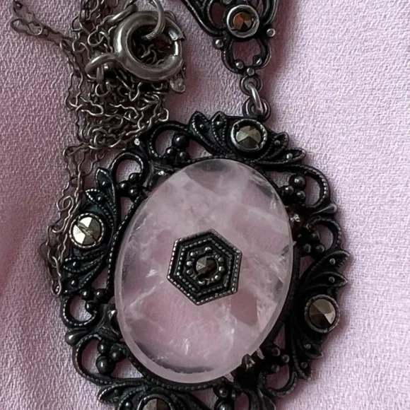 ANTIQUE ROSE QUARTZ MARCASITE STERLING SILVER NECKLACE PENDANT W/CHAIN GERMANY